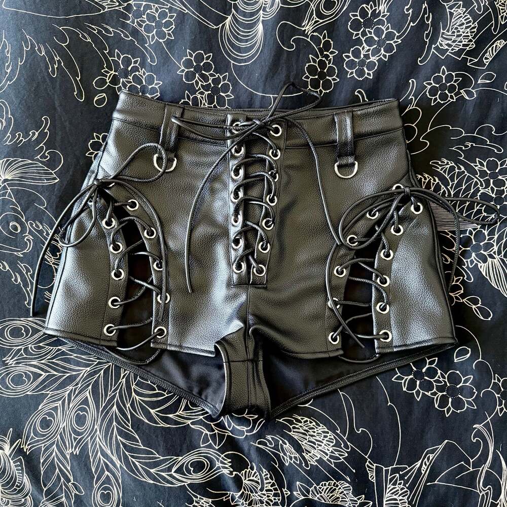 Forest Ink Fantasia Shorts - Black Faux Leather Lace-Up Shorts Grommets Size S